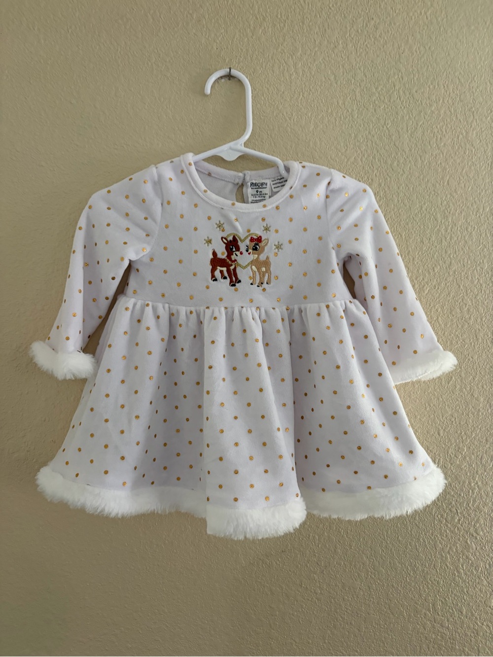 Kids Holiday Reindeer Rudolph Dress with Gold Dot Accents